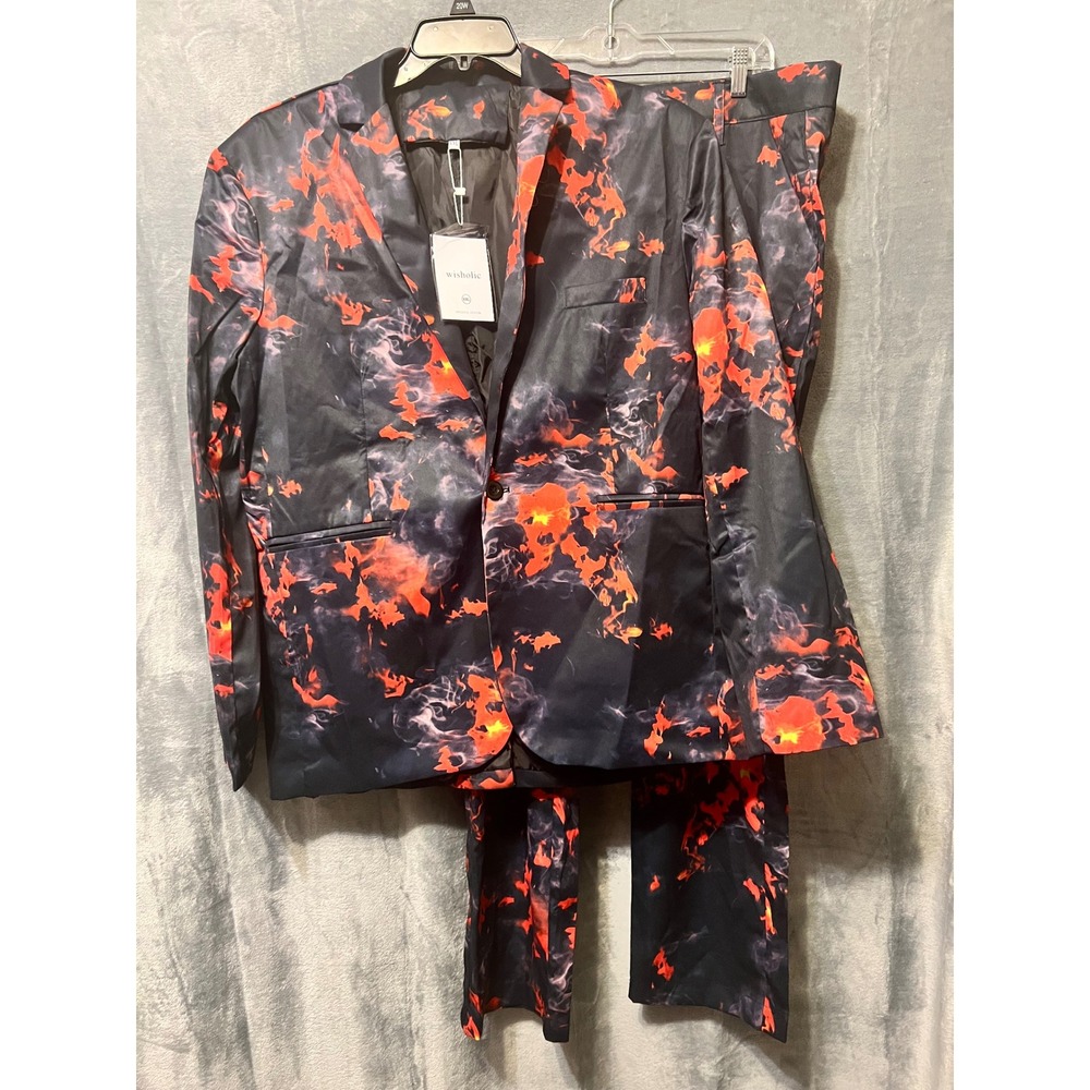 Wisholic XXL Flame Print Suit Jacket Pants Set Men's Bold Party‎ Outfit 48x38x31